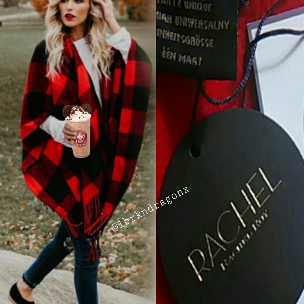 NWT Reversible Traditional Cape Poncho Rose Red Plaid Fringed Cape - Picture 4 of 17